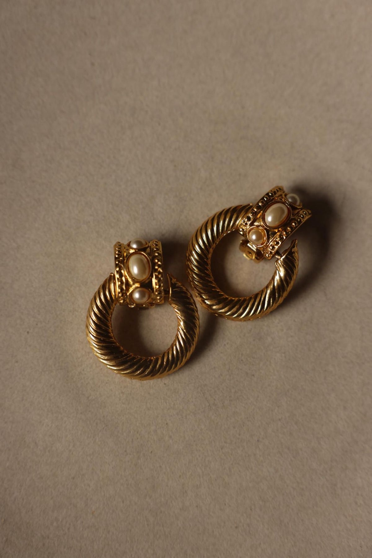Gold Tone Faux Pearl Door Knocker Clip-On Earrings