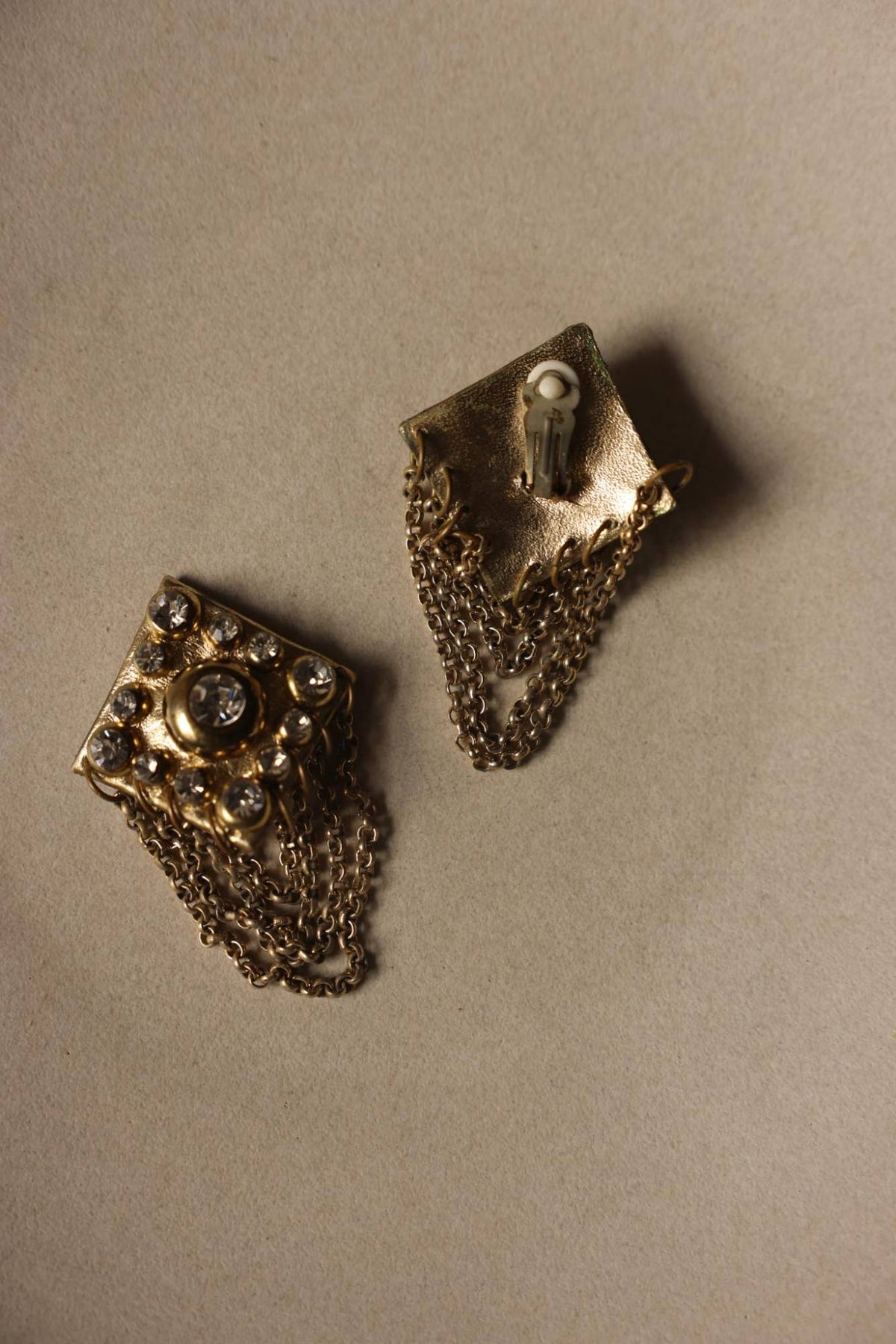 Gold Leather Look Rhinestone Chain Fringe Clip-On Earrings