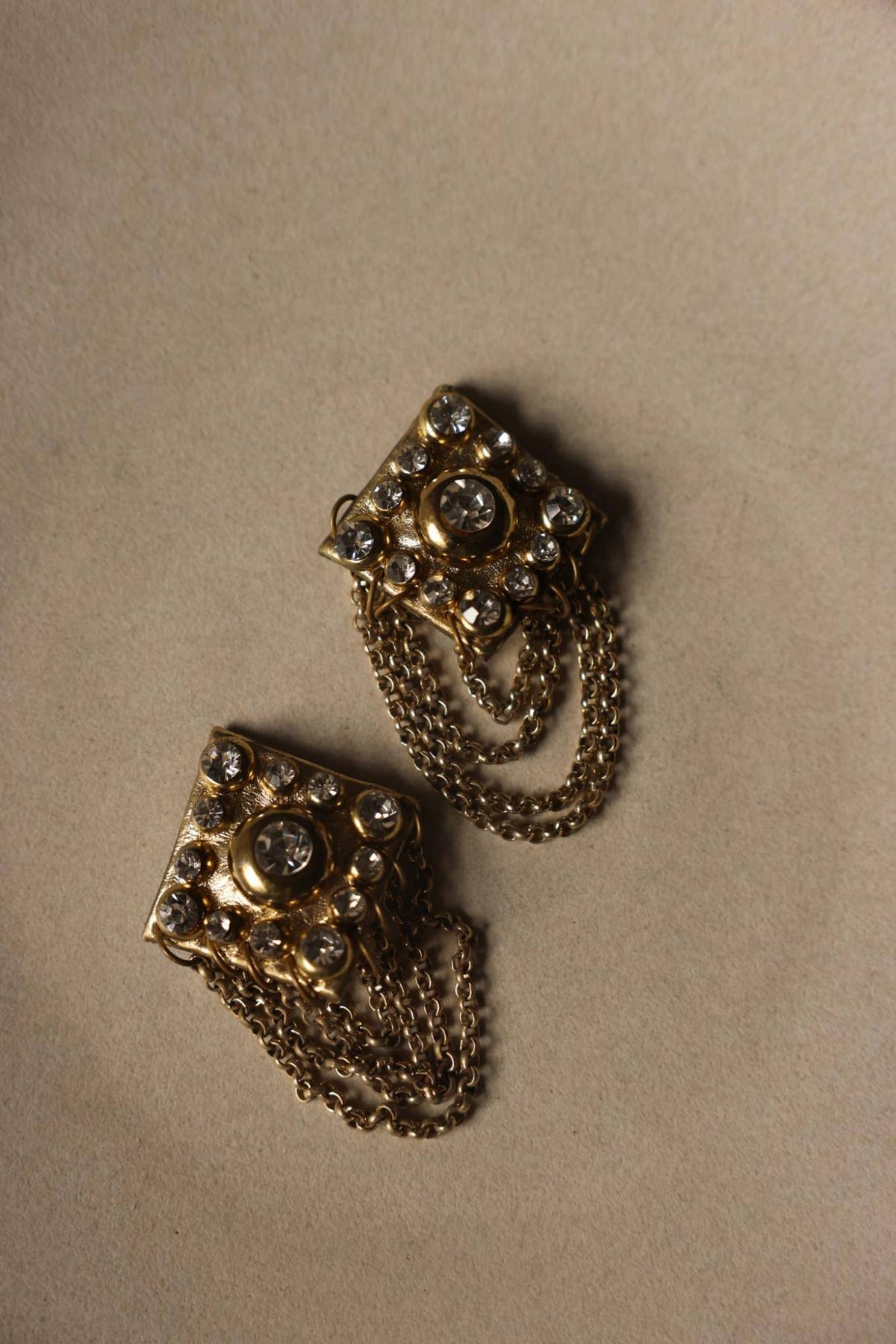 Gold Leather Look Rhinestone Chain Fringe Clip-On Earrings