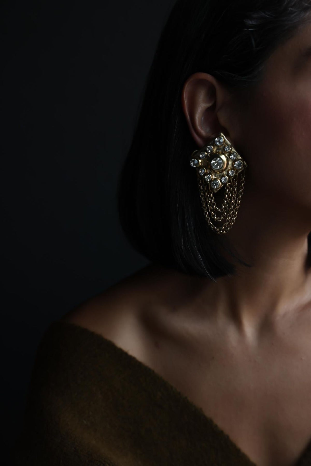 Gold Leather Look Rhinestone Chain Fringe Clip-On Earrings