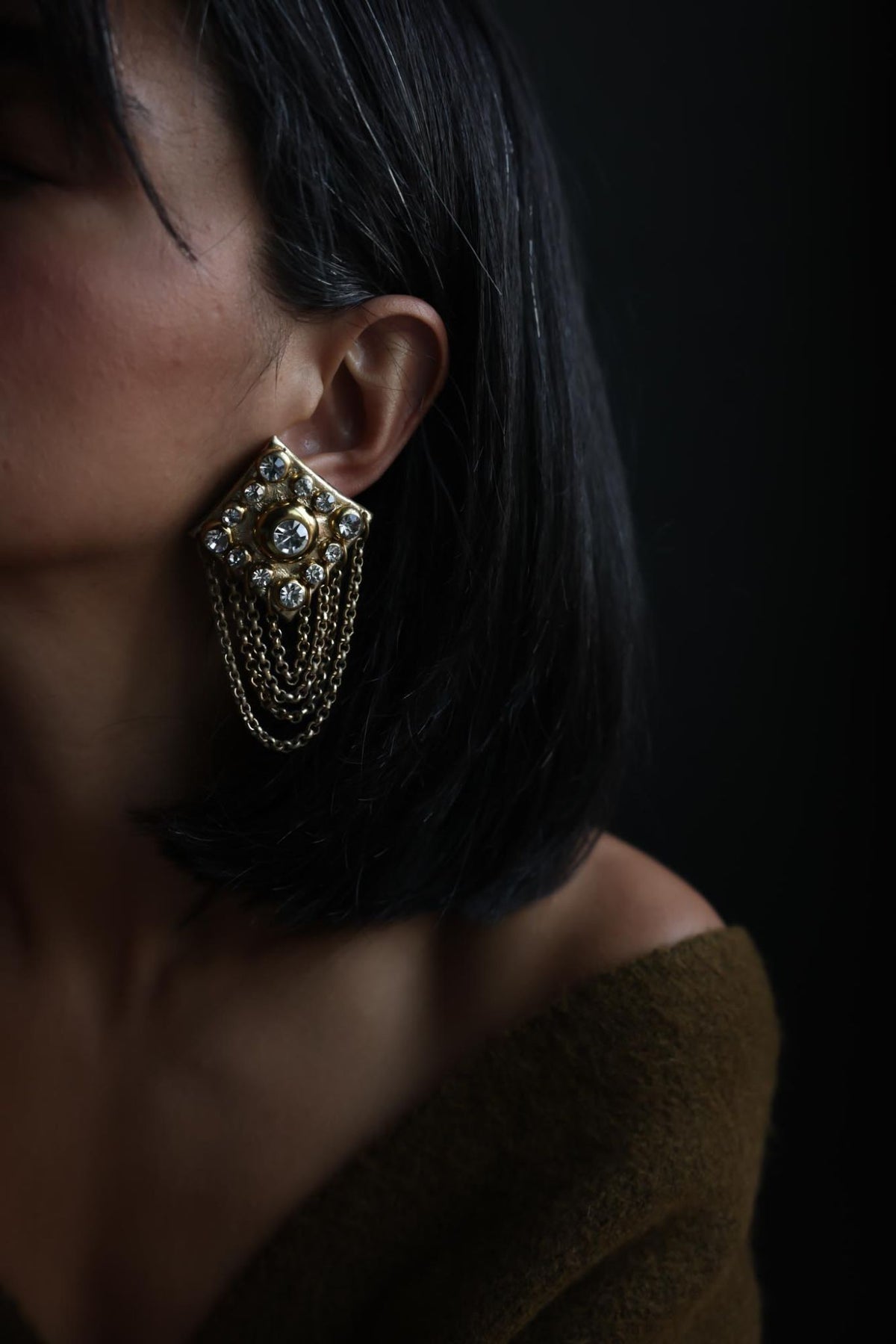 Gold Leather Look Rhinestone Chain Fringe Clip-On Earrings
