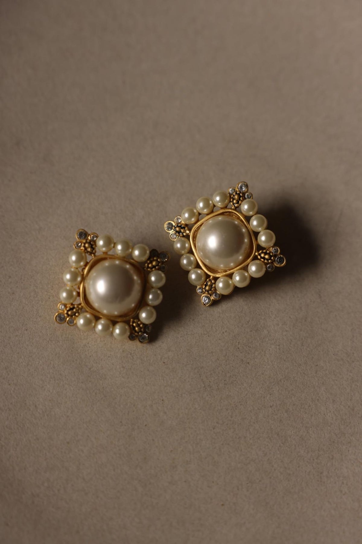 Pair of 1980s square clip-on earrings with faux pearls and rhinestone corners