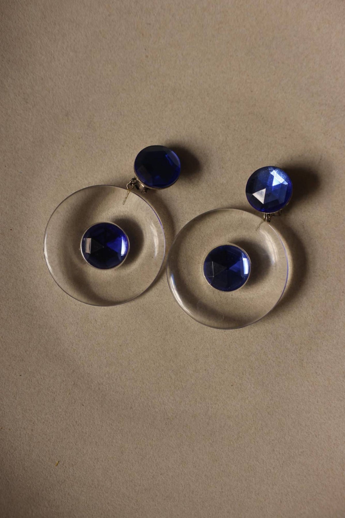Clear Lucite Disc & Blue Faceted Cabochon Clip-On Earrings