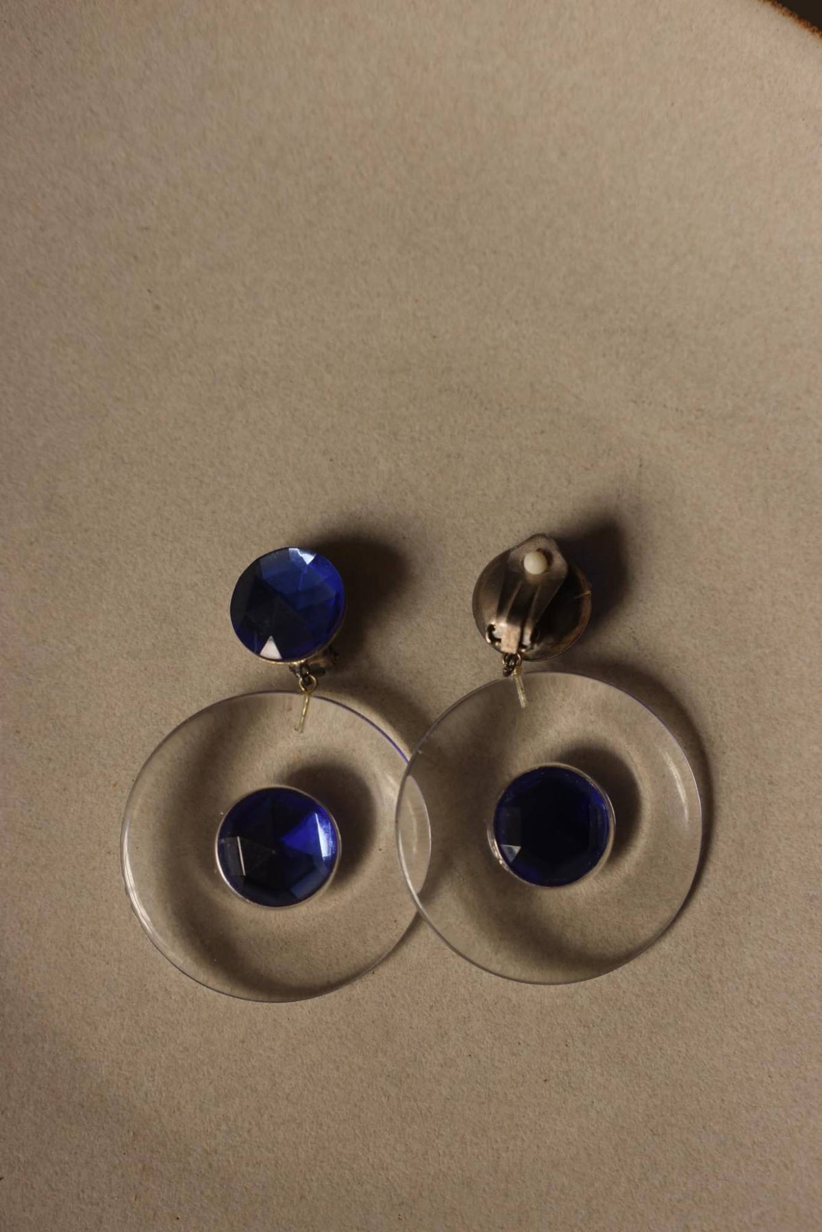 Clear Lucite Disc & Blue Faceted Cabochon Clip-On Earrings