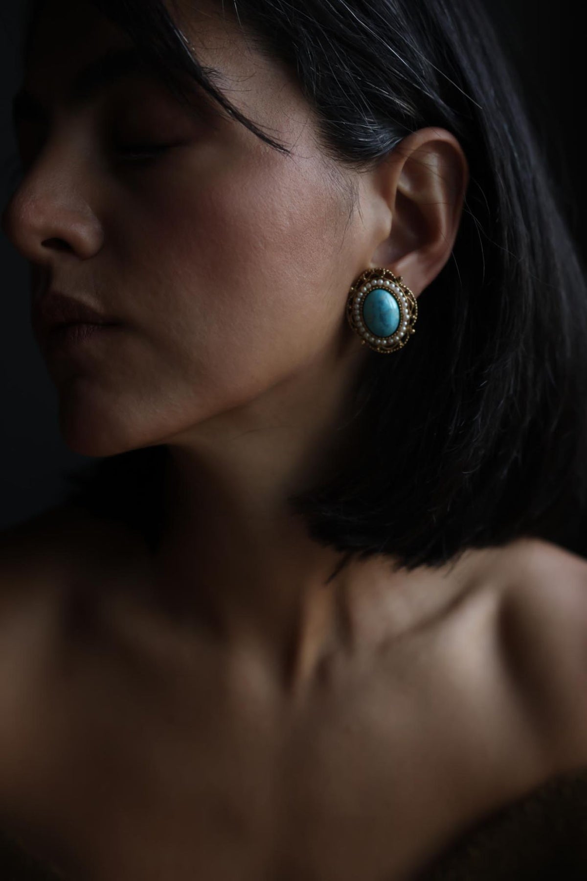 Gold Tone Filigree Faux Turquoise & Seed Pearl Clip-On Earrings