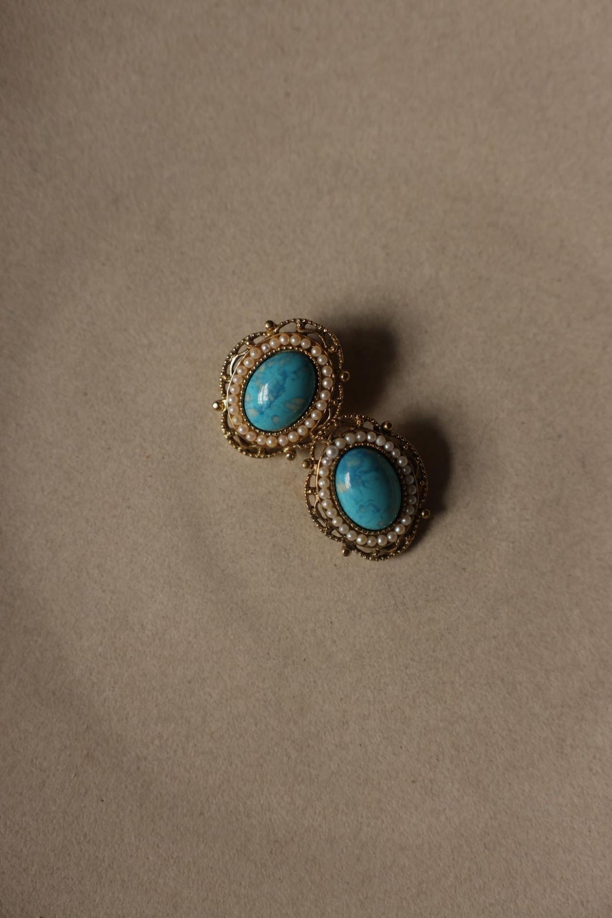 Gold Tone Filigree Faux Turquoise & Seed Pearl Clip-On Earrings