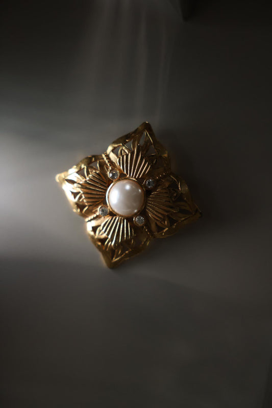 Gold Tone Faux Pearl Rhinestone Floral Brooch