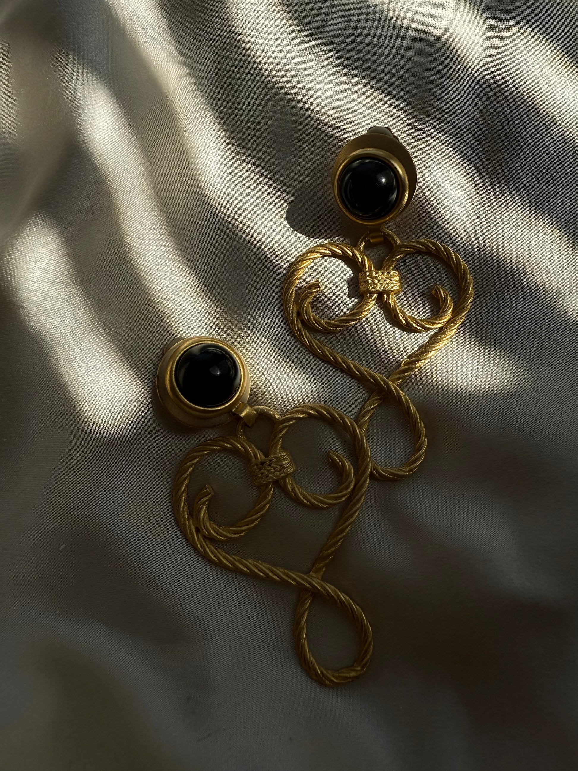 Gold Tone Twist Wrapped Black Stone Drop Dangle|Vintage Baazaar 
