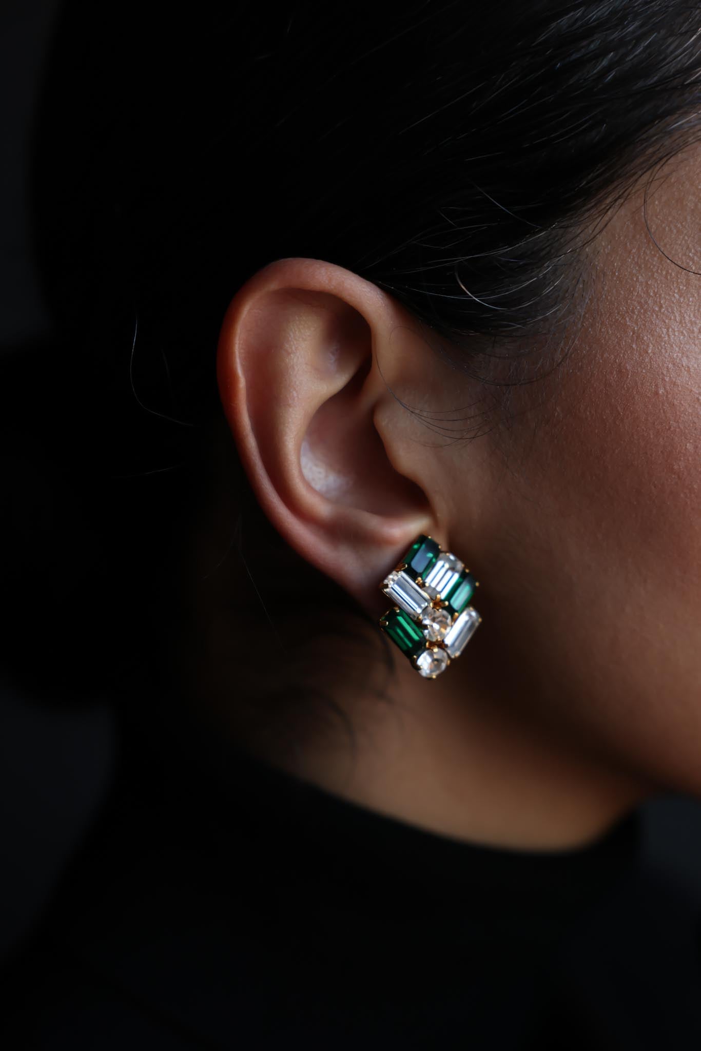 Green and Clear Baguette Clip-On Earrings|Vintage Baazaar 