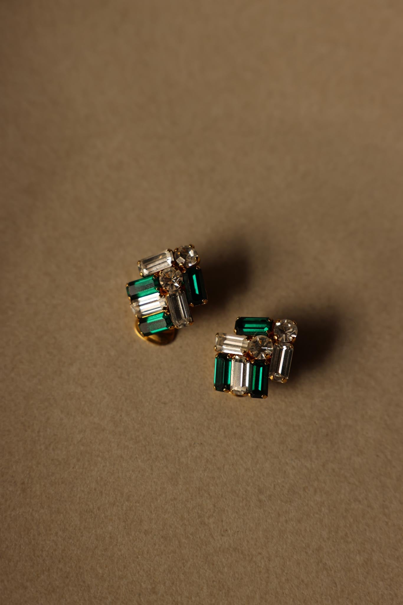 Green and Clear Baguette Clip-On Earrings|Vintage Baazaar 