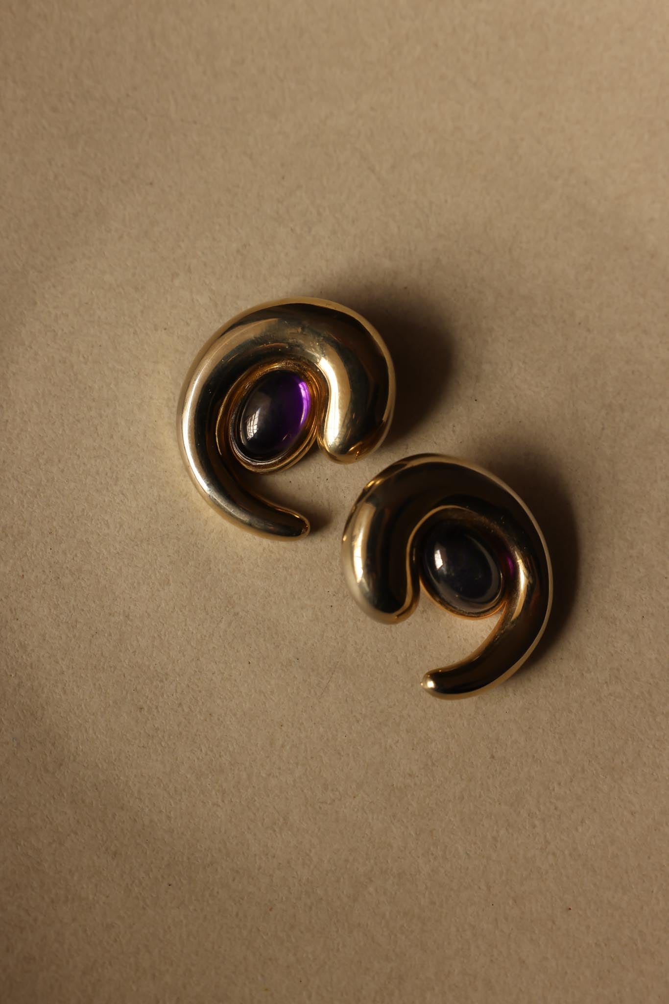 Gold-Tone Swirl Earrings with Purple Cabochon|Vintage Baazaar 