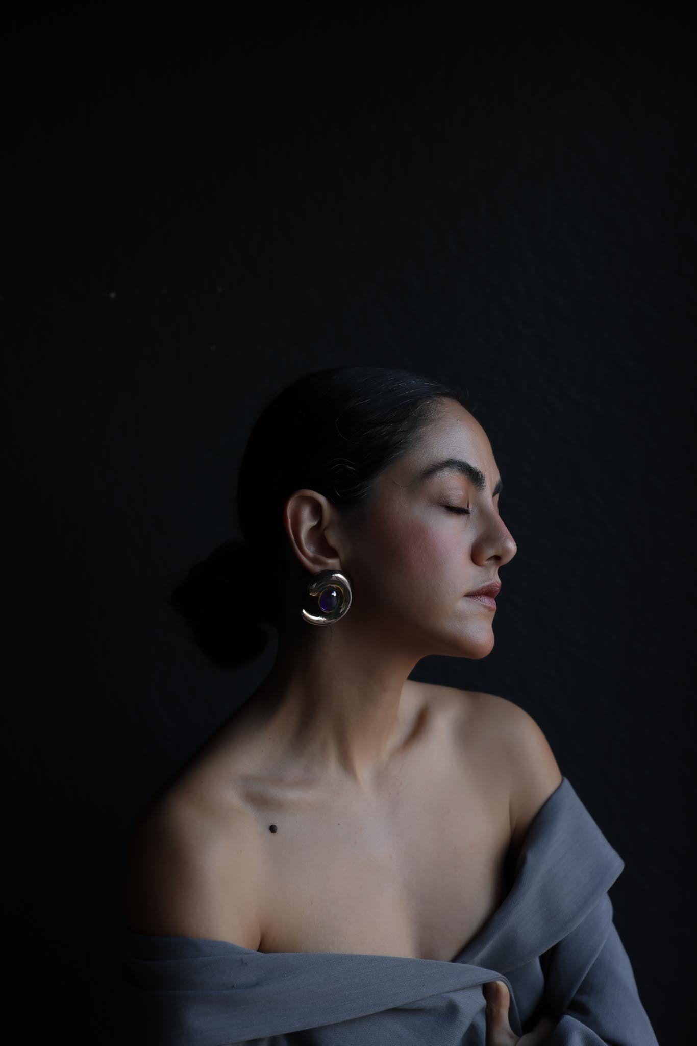 Gold-Tone Swirl Earrings with Purple Cabochon|Vintage Baazaar 