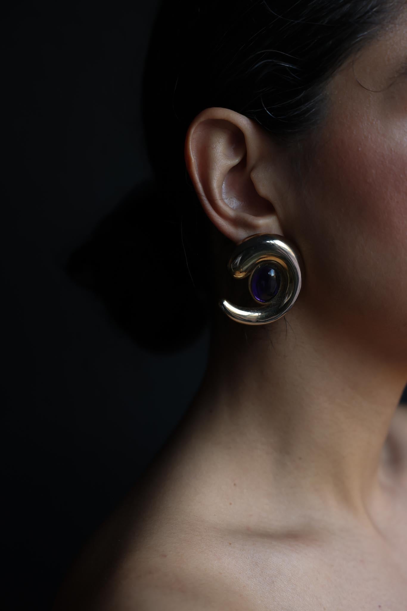 Gold-Tone Swirl Earrings with Purple Cabochon|Vintage Baazaar 