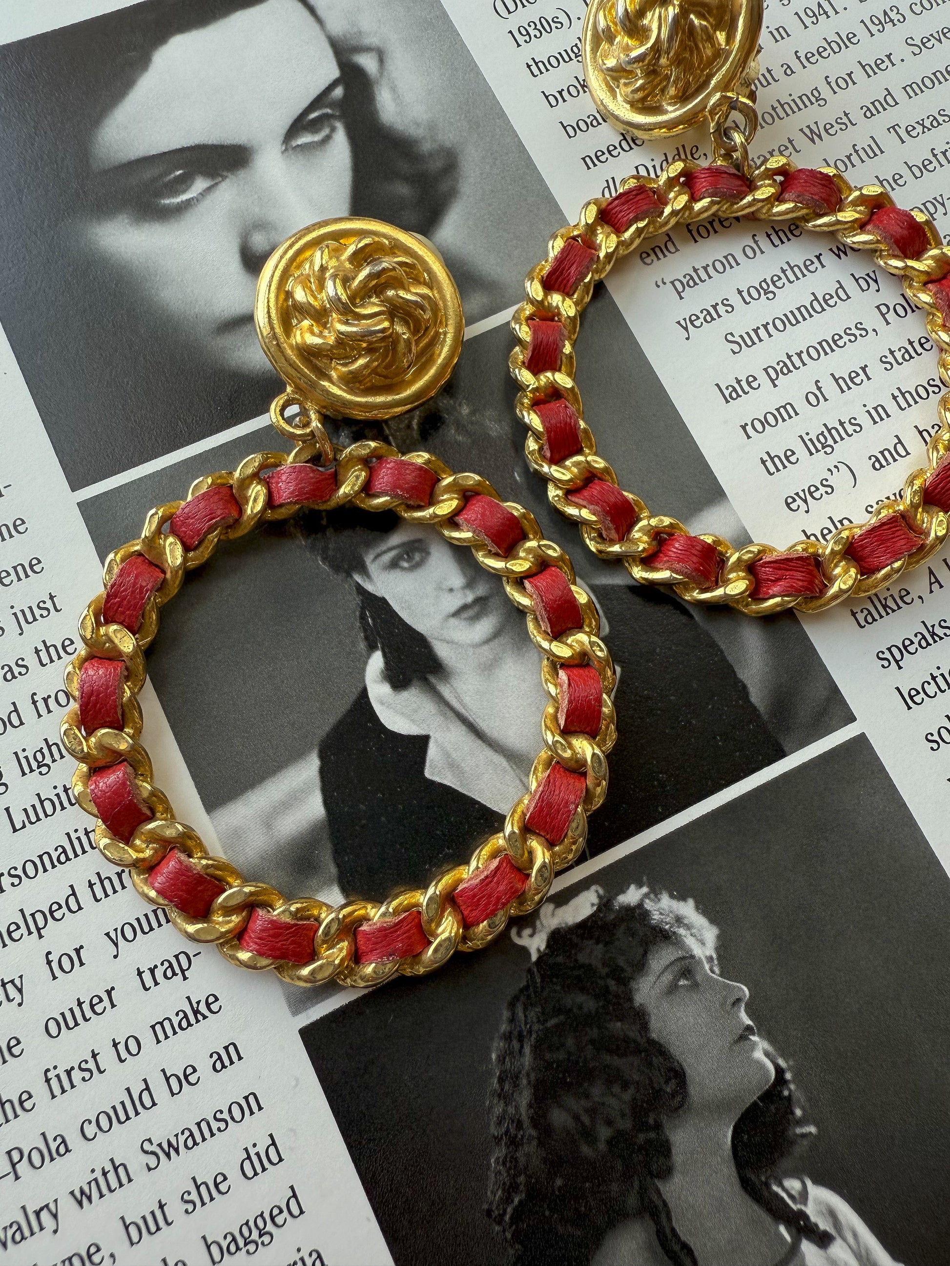 Gold Hoop Earrings with Red Woven Leather|Vintage Baazaar 