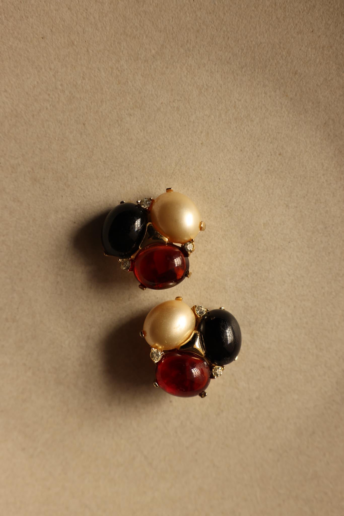 Ciner Gold-Tone Cabochon Earrings with Pearl, Black, and Red Glass|Vintage Baazaar 