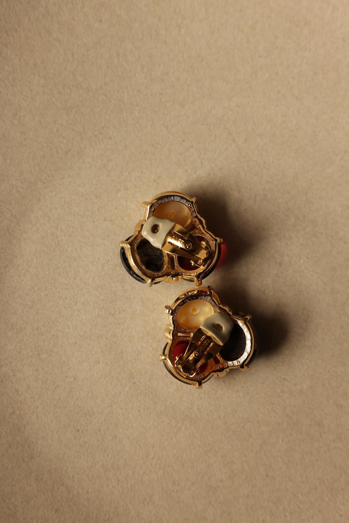 Ciner Gold-Tone Cabochon Earrings with Pearl, Black, and Red Glass|Vintage Baazaar 