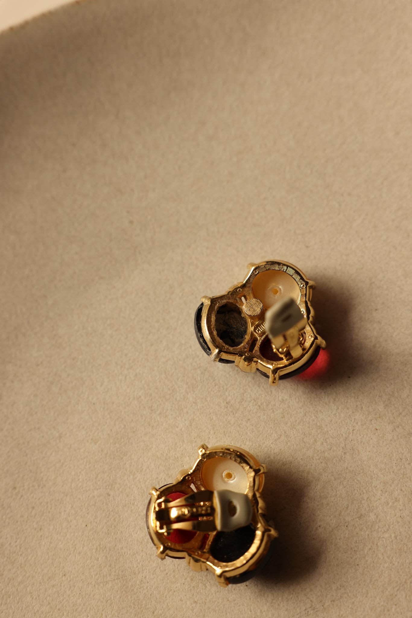 Ciner Gold-Tone Cabochon Earrings with Pearl, Black, and Red Glass|Vintage Baazaar 