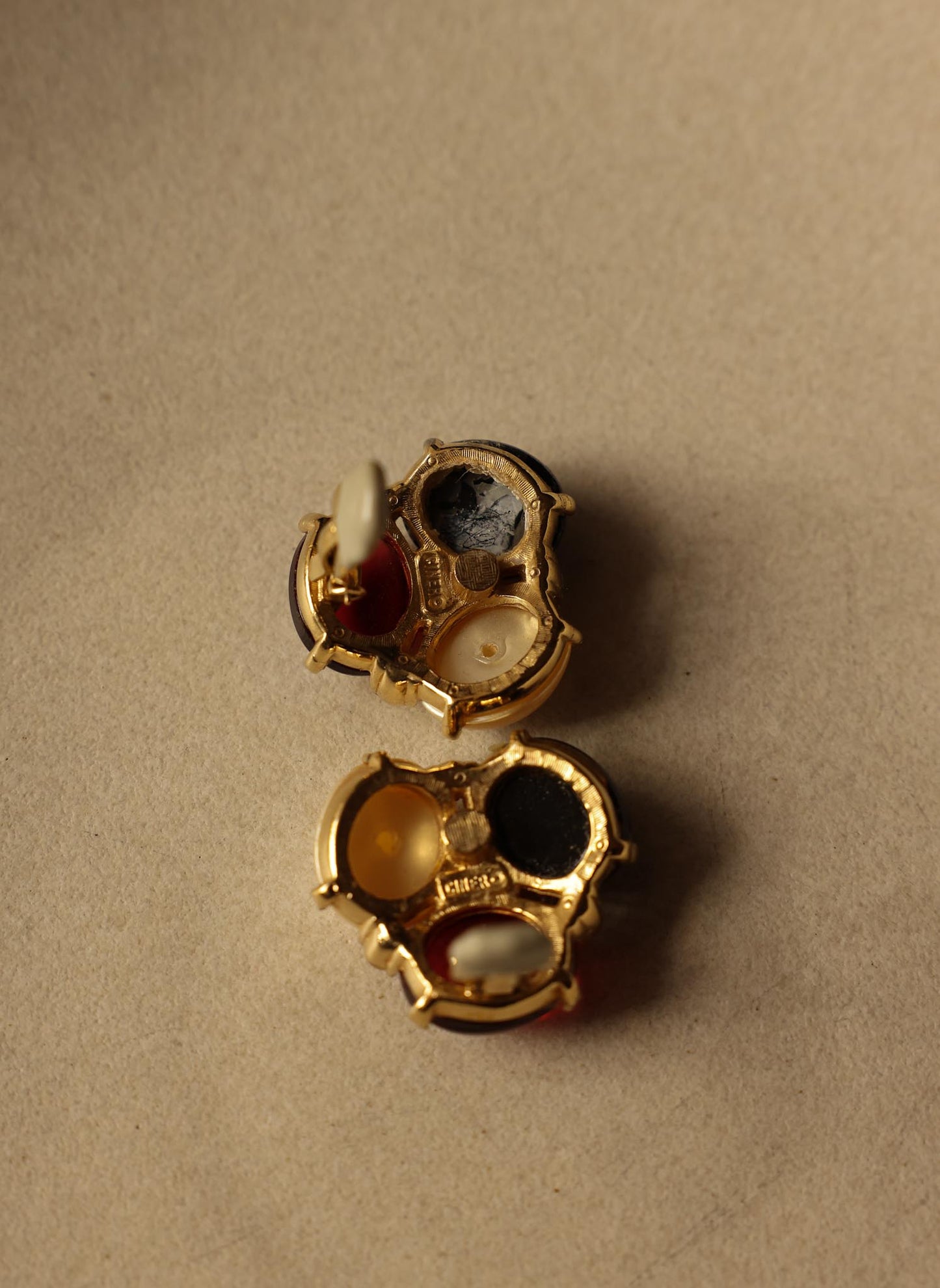 Ciner Gold-Tone Cabochon Earrings with Pearl, Black, and Red Glass|Vintage Baazaar 