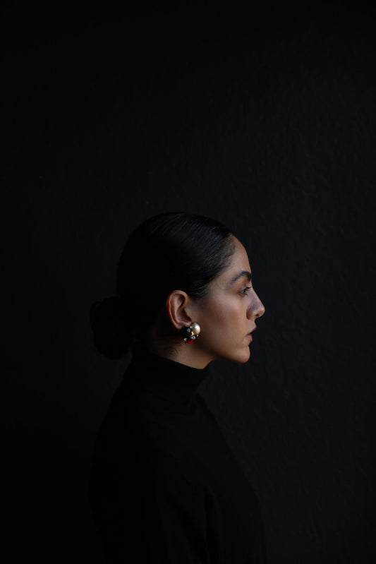 Ciner Gold-Tone Cabochon Earrings with Pearl, Black, and Red Glass|Vintage Baazaar 