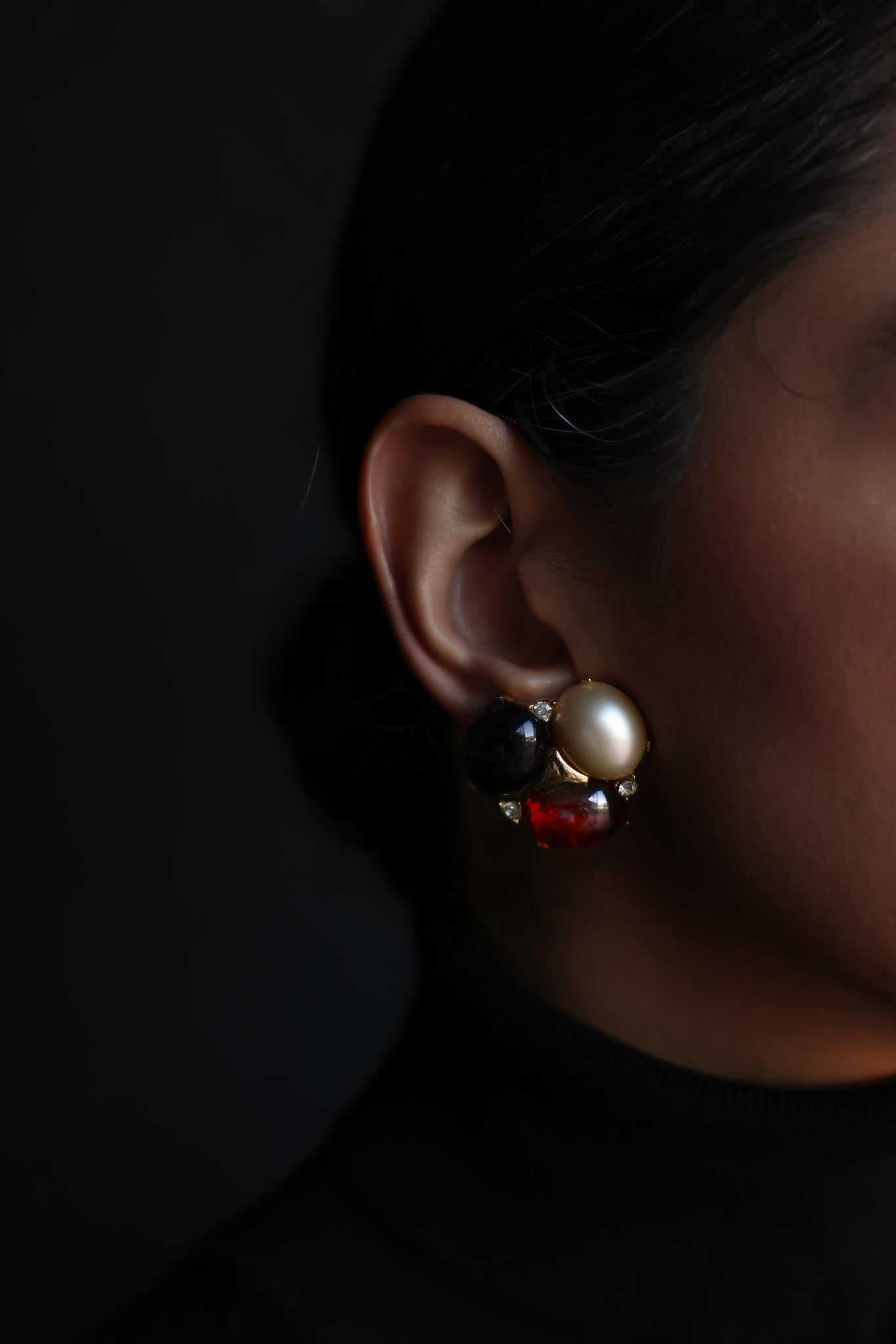Ciner Gold-Tone Cabochon Earrings with Pearl, Black, and Red Glass|Vintage Baazaar 
