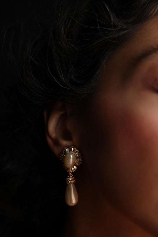 Gold-Tone Clip-On Earrings with Faux Pearls and Rhinestones|Vintage Baazaar 