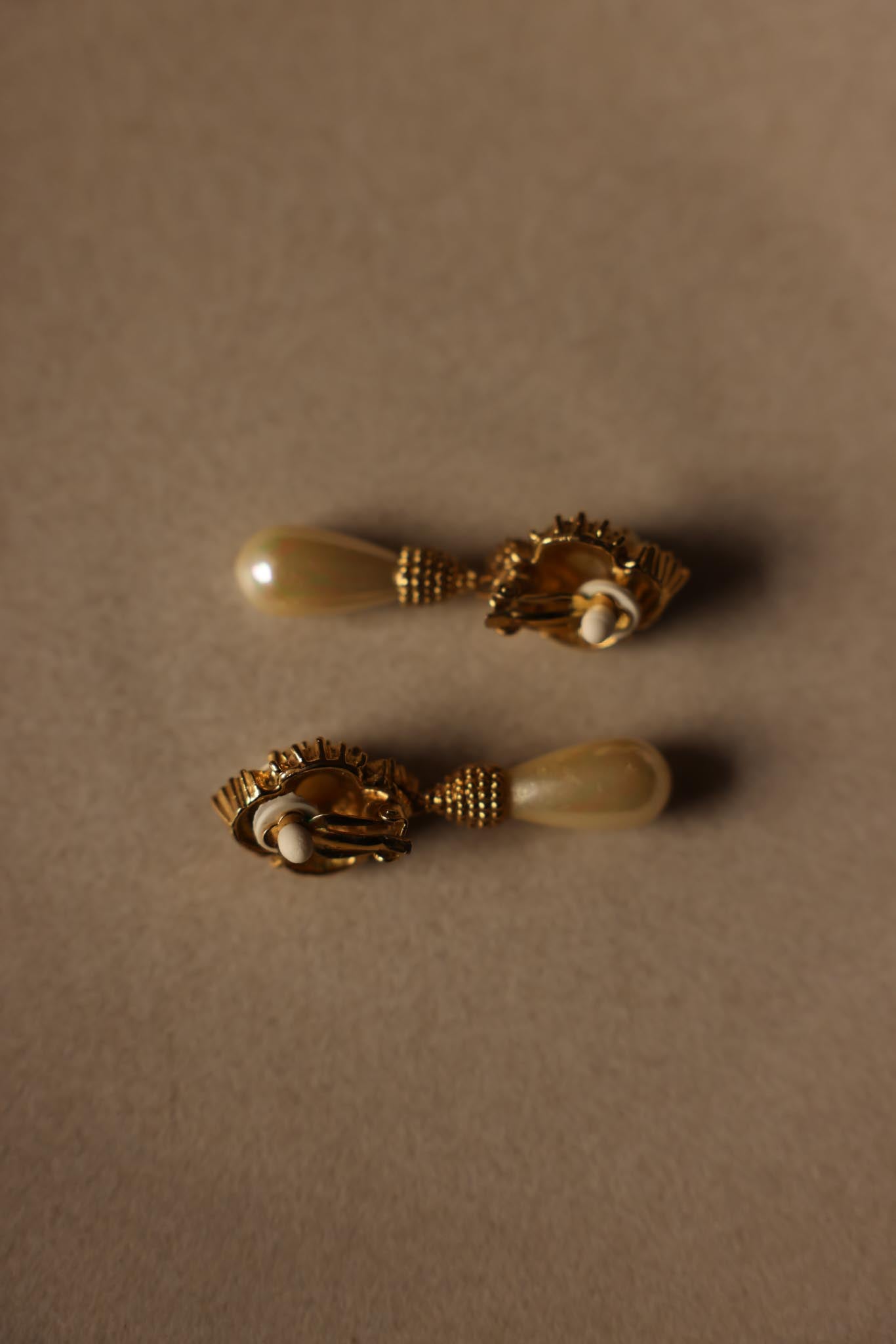 Gold-Tone Clip-On Earrings with Faux Pearls and Rhinestones|Vintage Baazaar 