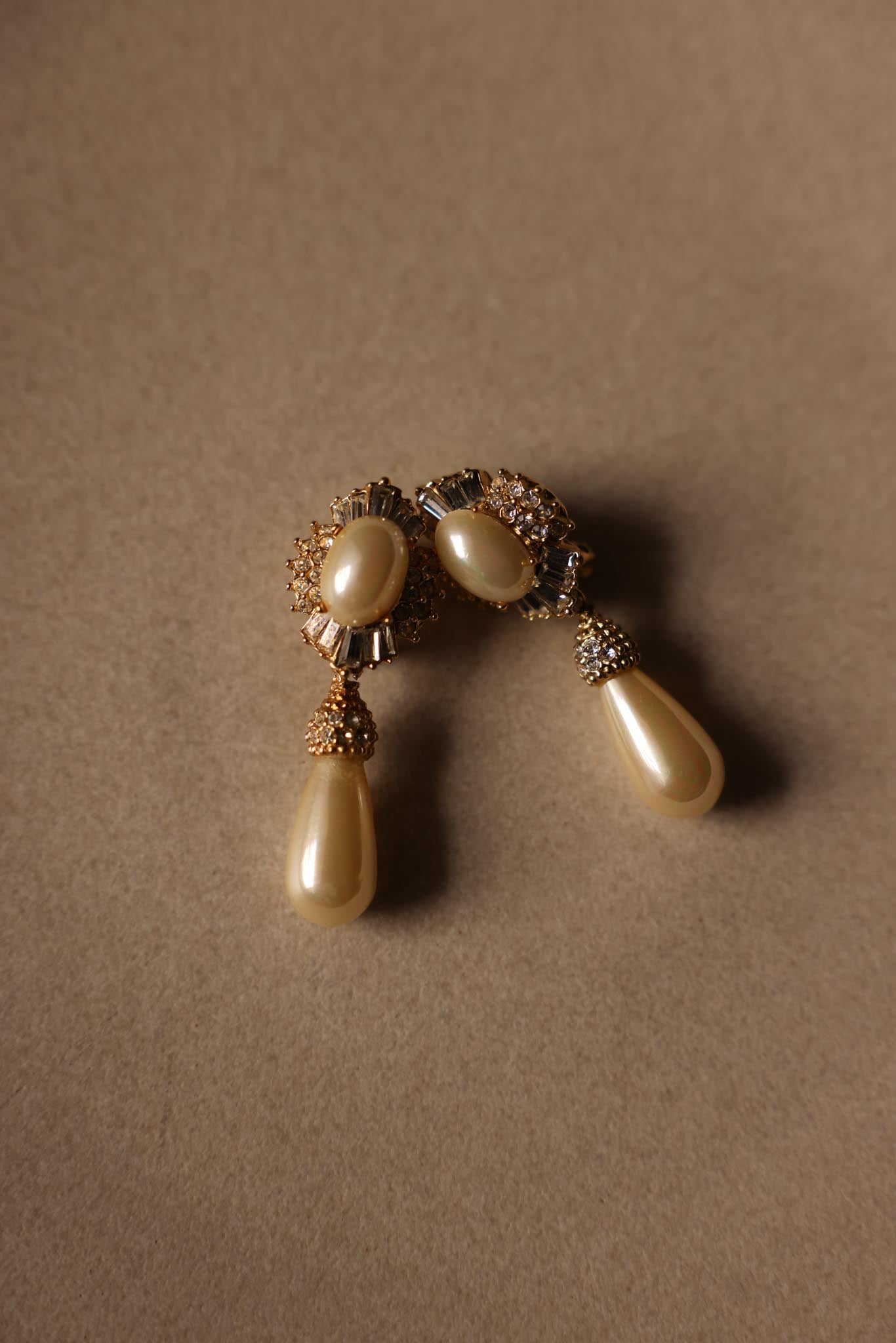Gold-Tone Clip-On Earrings with Faux Pearls and Rhinestones|Vintage Baazaar 