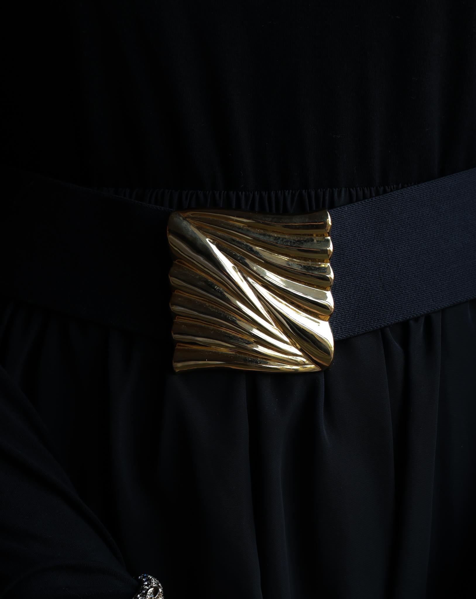 Liz Claiborne Black Stretch Belt with Gold Buckle (M-L)|Vintage Baazaar 