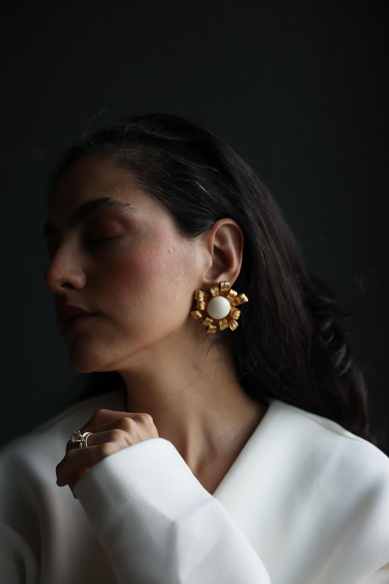 1980s Les Bernard Ribbon Flower Statement  Clip-On Earrings