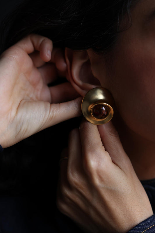 Brushed Gold Clip-On Earrings with Brown Cabochon|Vintage Baazaar 