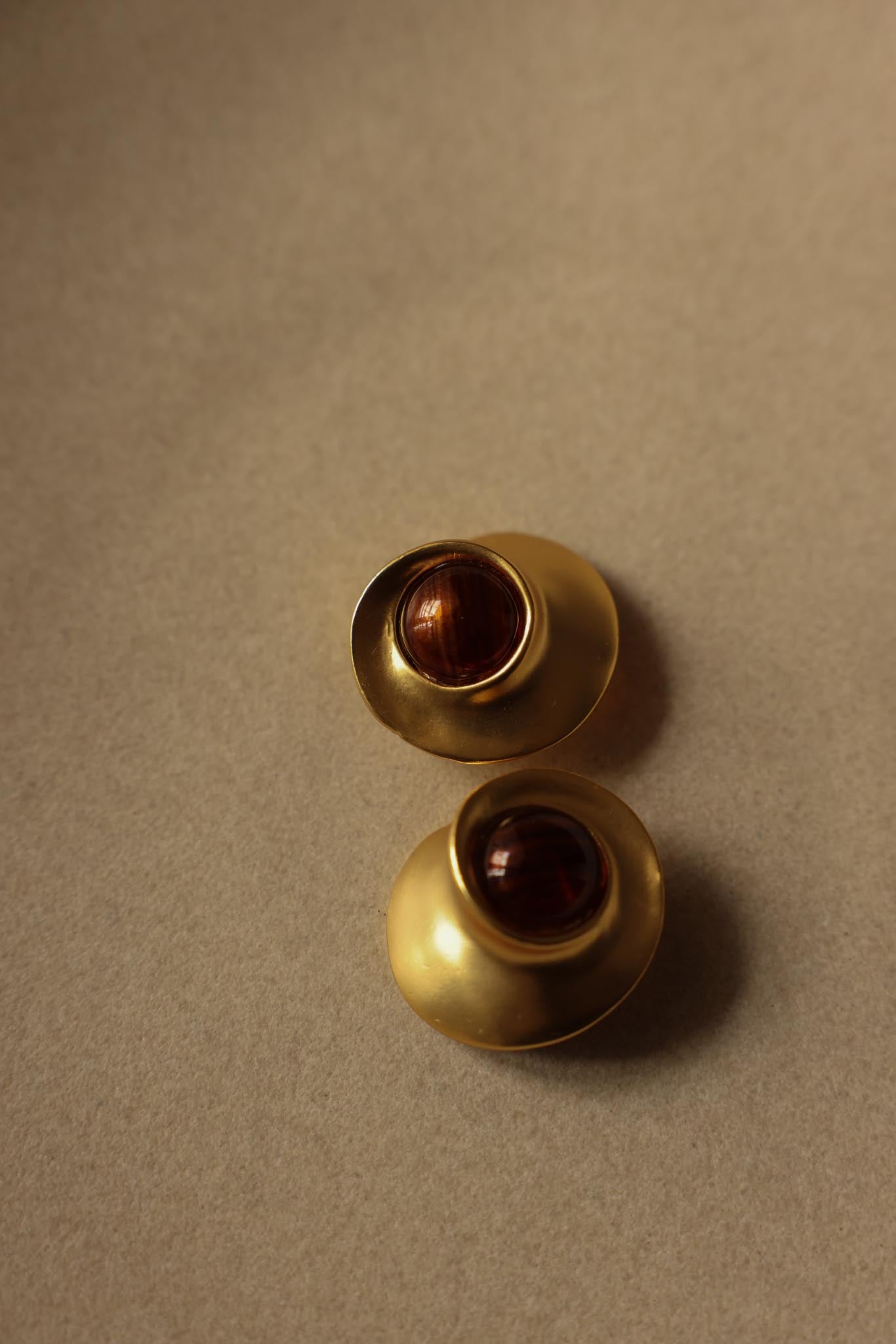 Brushed Gold Clip-On Earrings with Brown Cabochon|Vintage Baazaar 