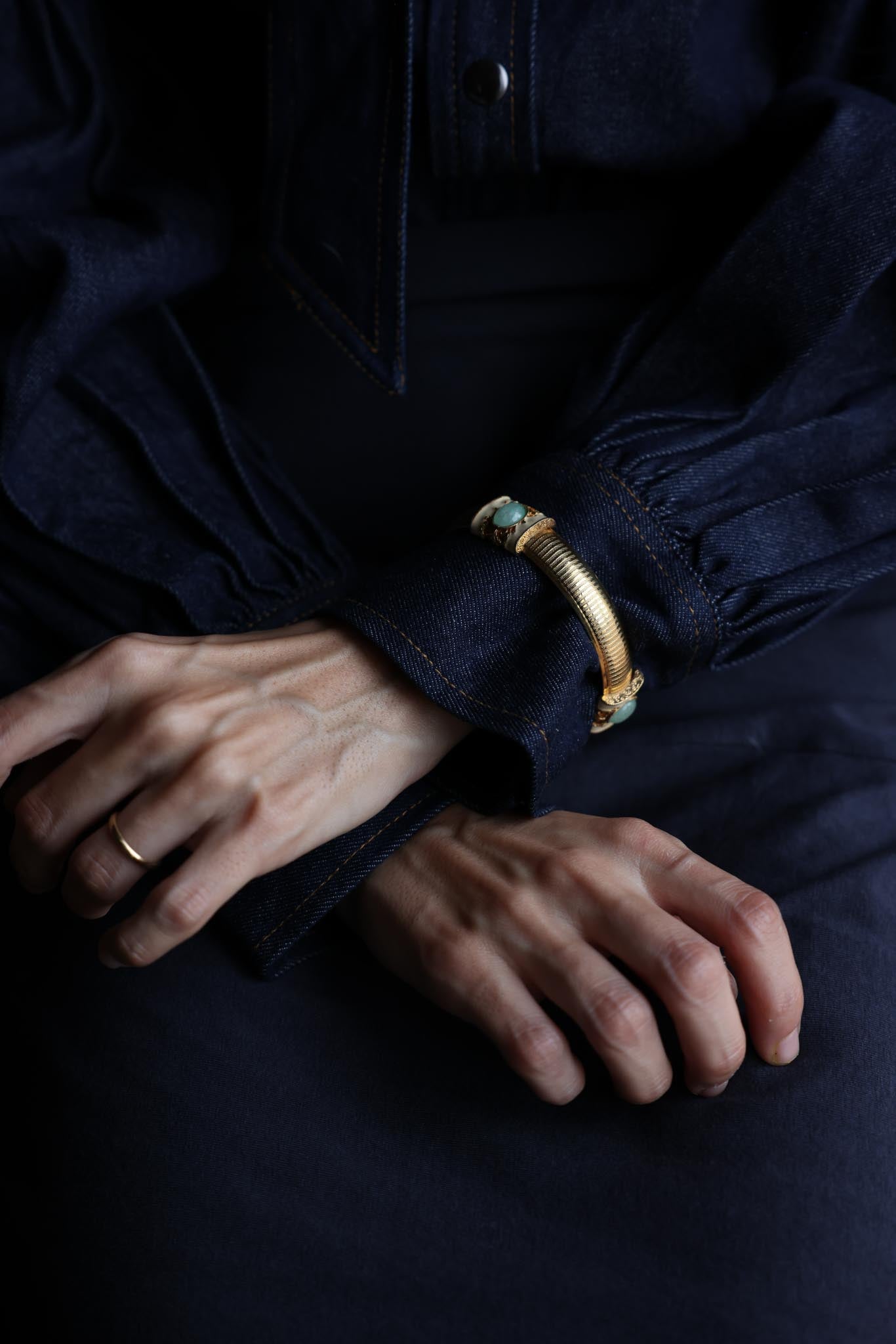 Gold-Tone Enamel Bangle with Blue Stone|Vintage Baazaar 