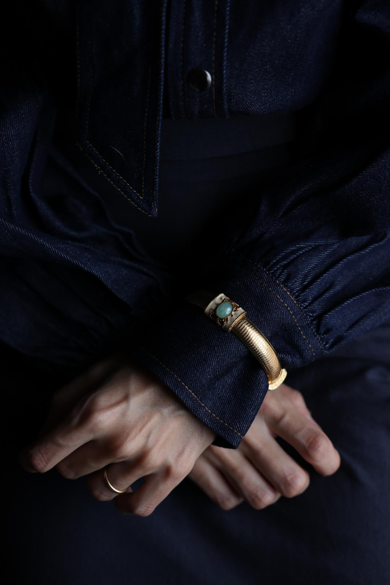 Gold-Tone Enamel Bangle with Blue Stone|Vintage Baazaar 