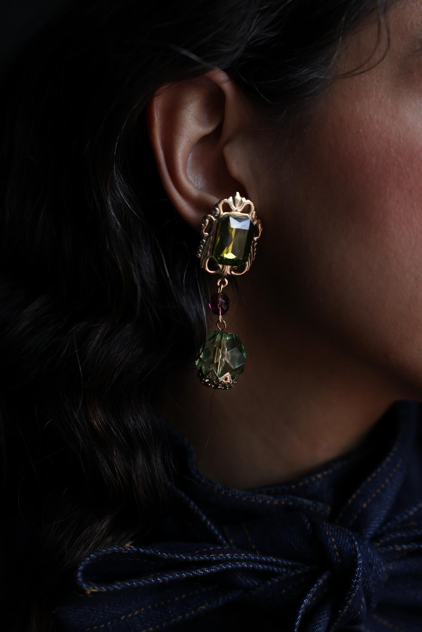 Gold-Tone Dangle Earrings with Green and purple Glass Beads|Vintage Baazaar 