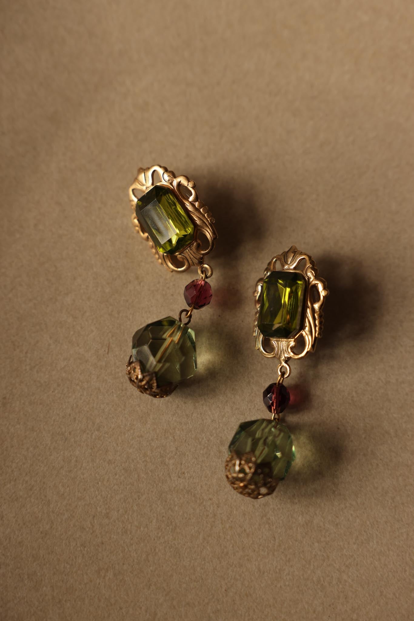 Gold-Tone Dangle Earrings with Green and purple Glass Beads|Vintage Baazaar 