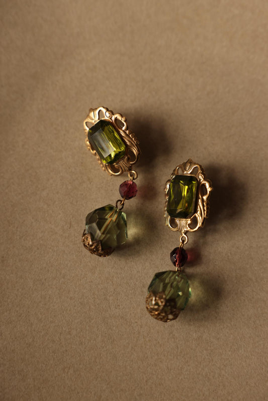 Gold-Tone Dangle Earrings with Green and purple Glass Beads|Vintage Baazaar 