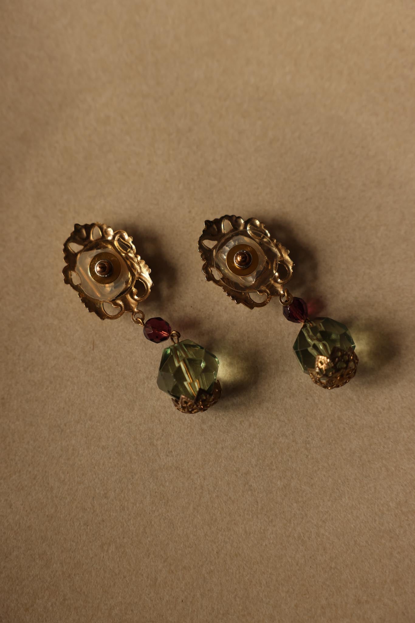 Gold-Tone Dangle Earrings with Green and purple Glass Beads|Vintage Baazaar 