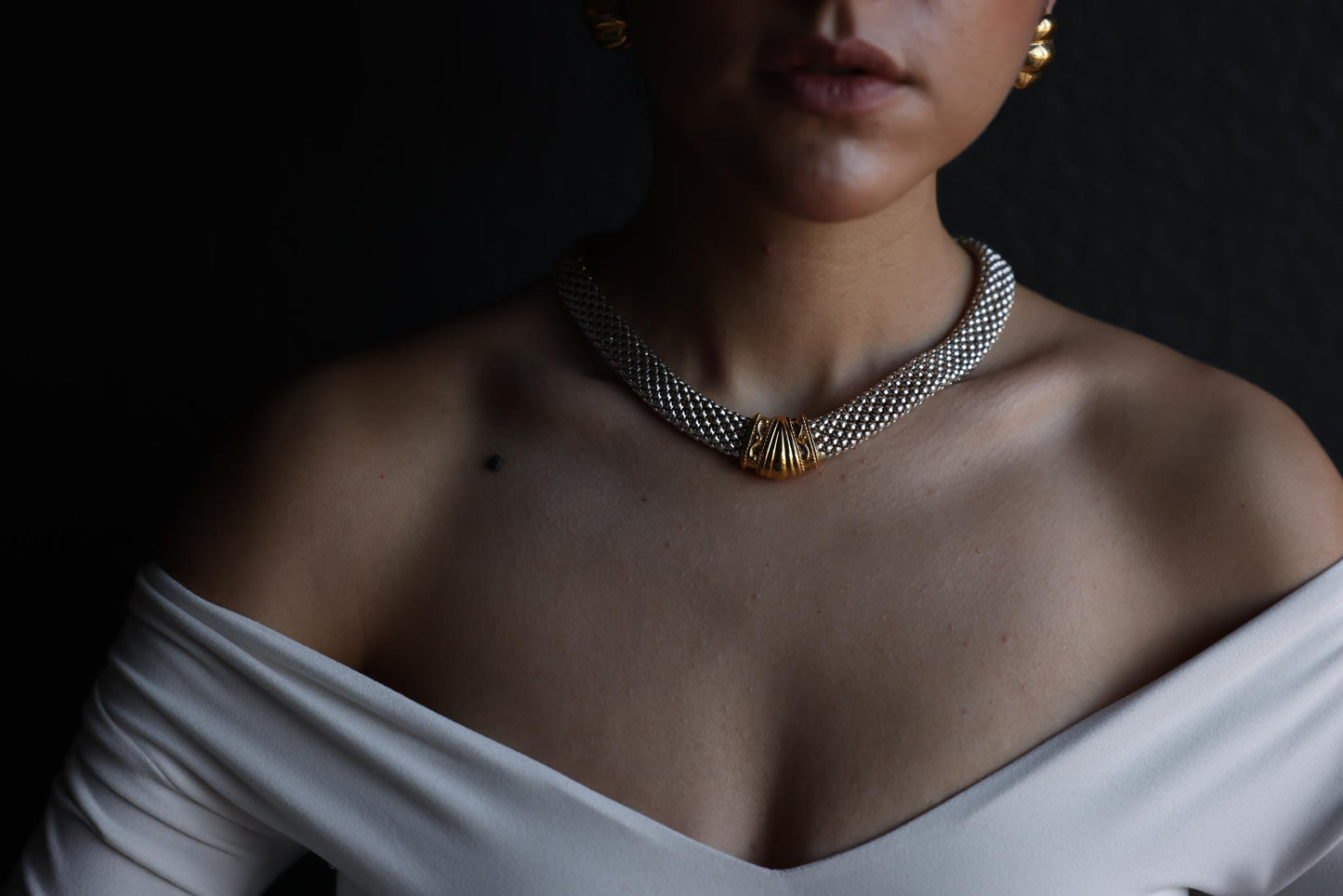 Two-Tone Mesh Collar Necklace with Ornate Gold Accent, 1980s|Vintage Baazaar 
