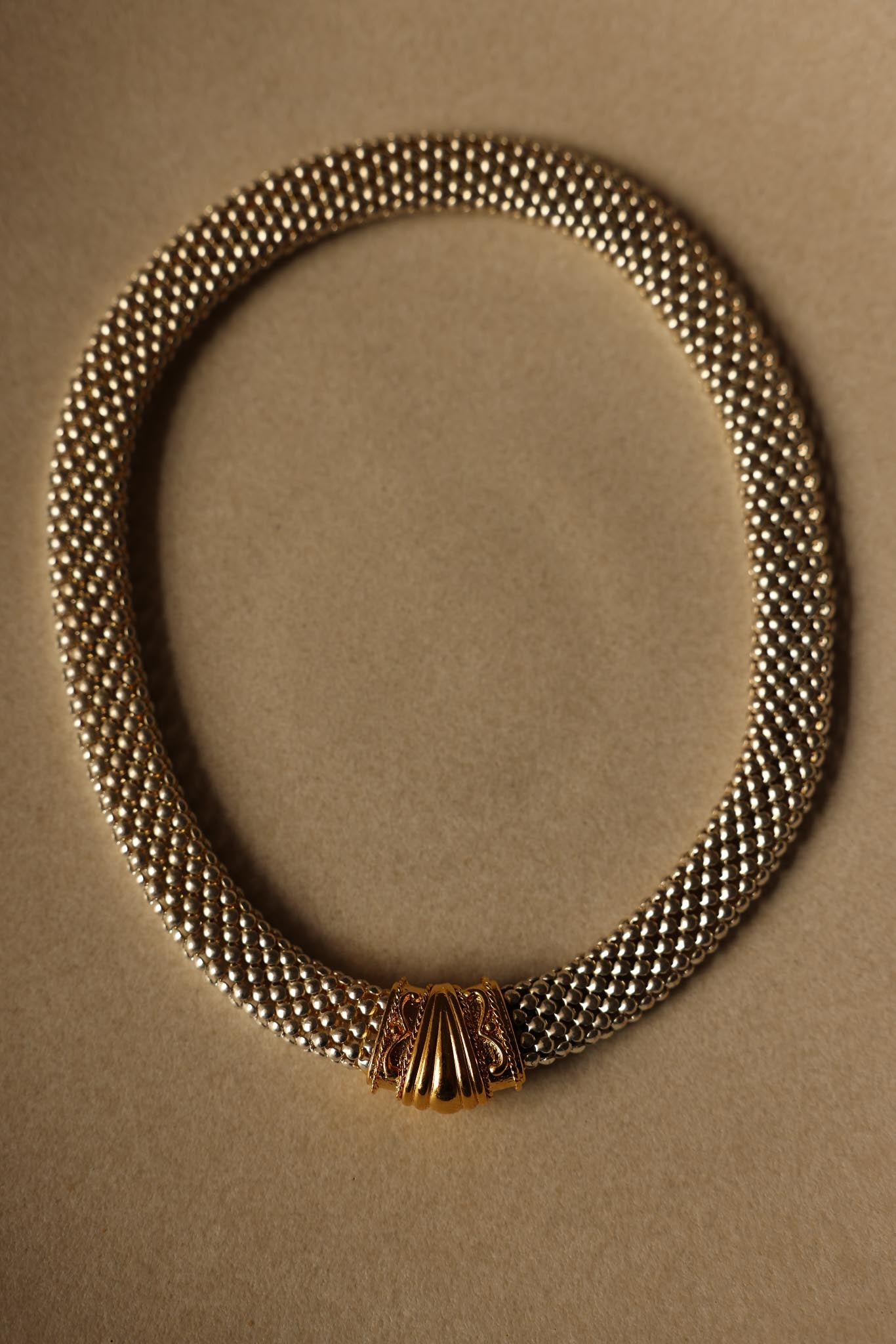Two-Tone Mesh Collar Necklace with Ornate Gold Accent, 1980s|Vintage Baazaar 