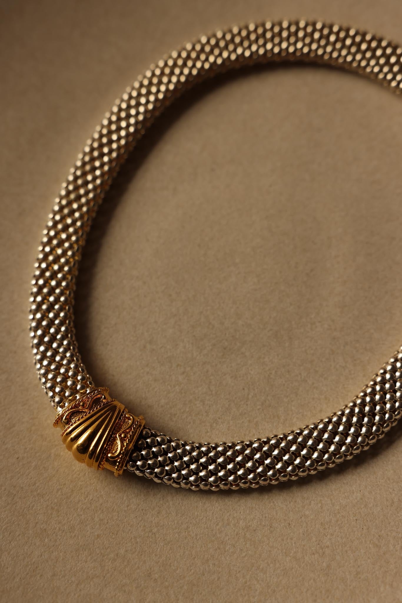 Two-Tone Mesh Collar Necklace with Ornate Gold Accent, 1980s|Vintage Baazaar 