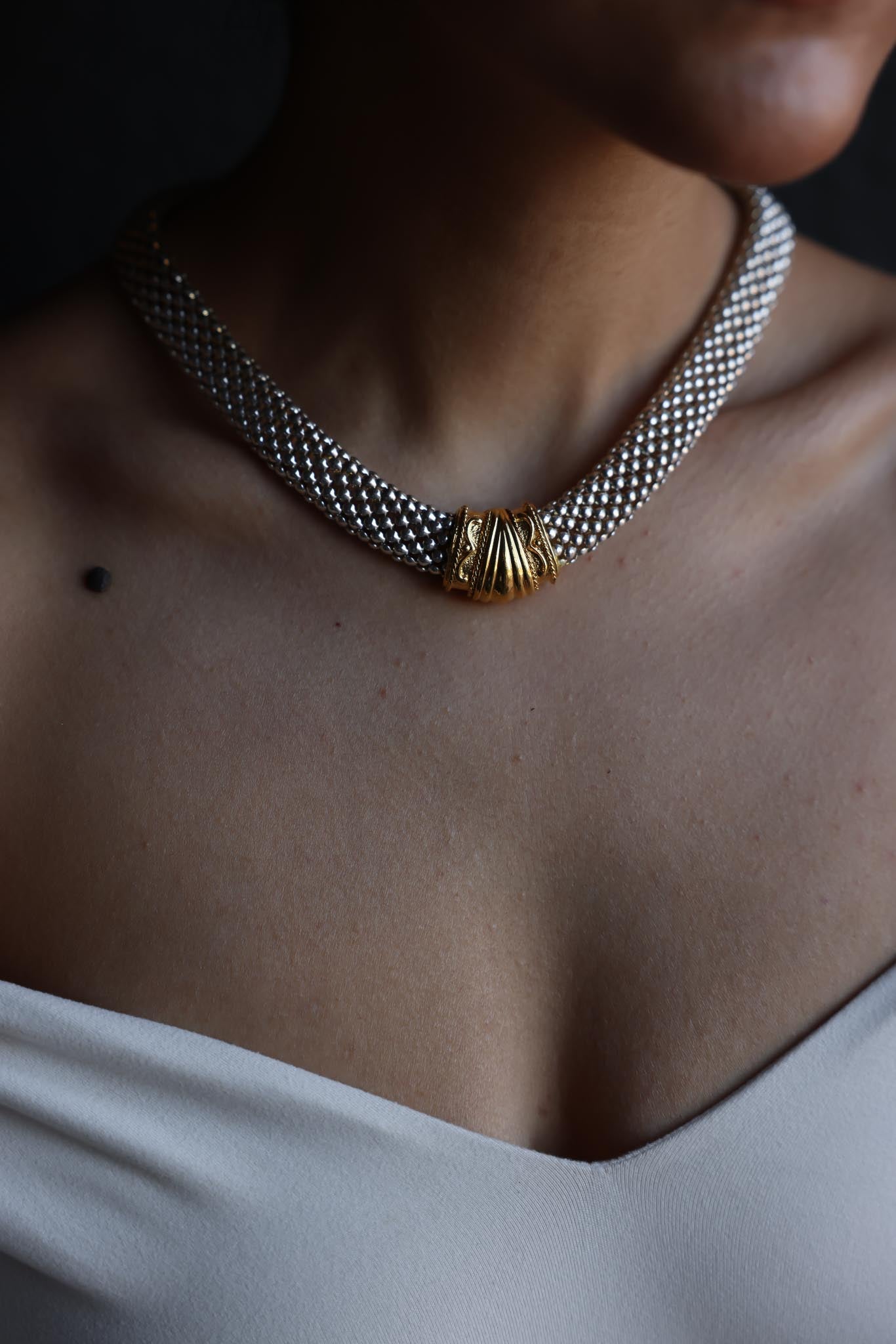 Two-Tone Mesh Collar Necklace with Ornate Gold Accent, 1980s|Vintage Baazaar 