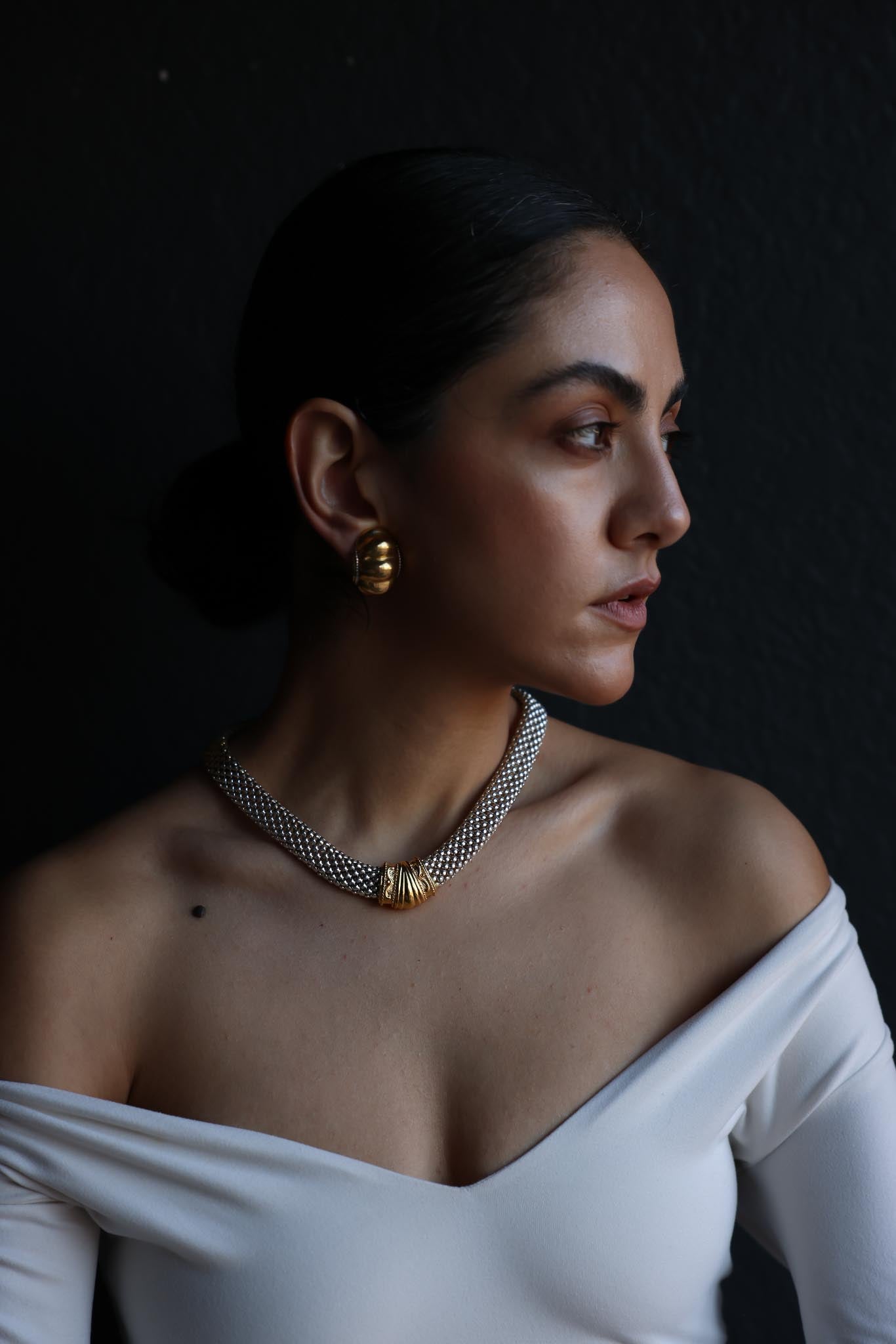 Two-Tone Mesh Collar Necklace with Ornate Gold Accent, 1980s|Vintage Baazaar 