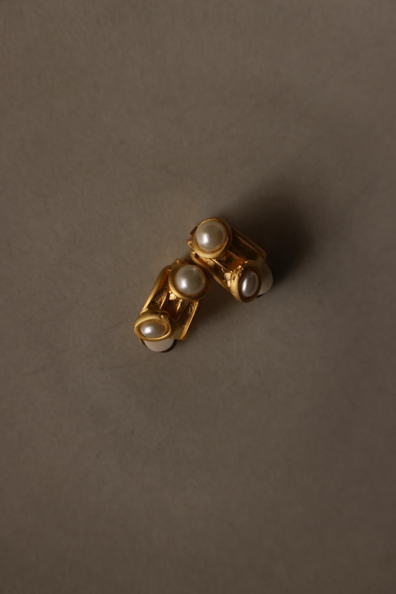Matte Gold Curved Rectangular Faux Pearl Clip-On Earrings