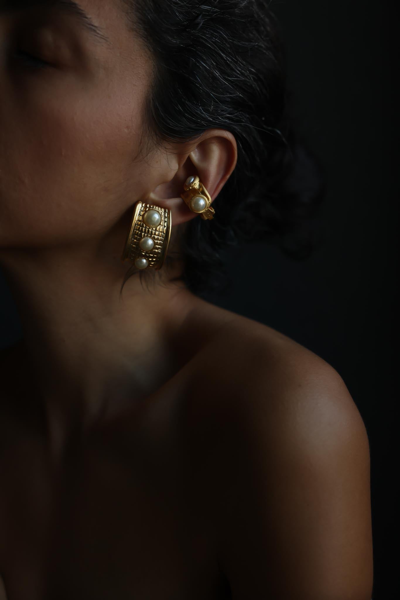 Matte Gold Curved Faux Pearl Statement Clip-On Earrings