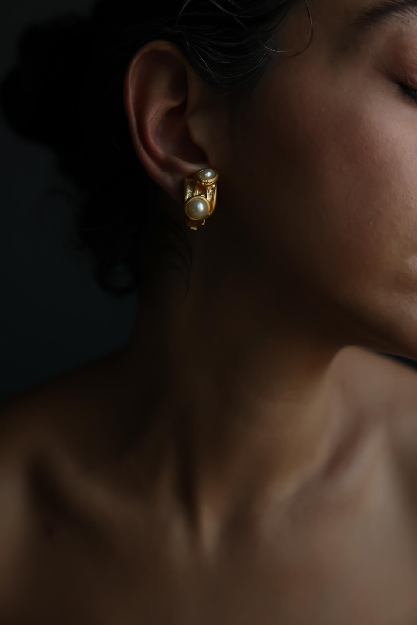Matte Gold Curved Rectangular Faux Pearl Clip-On Earrings