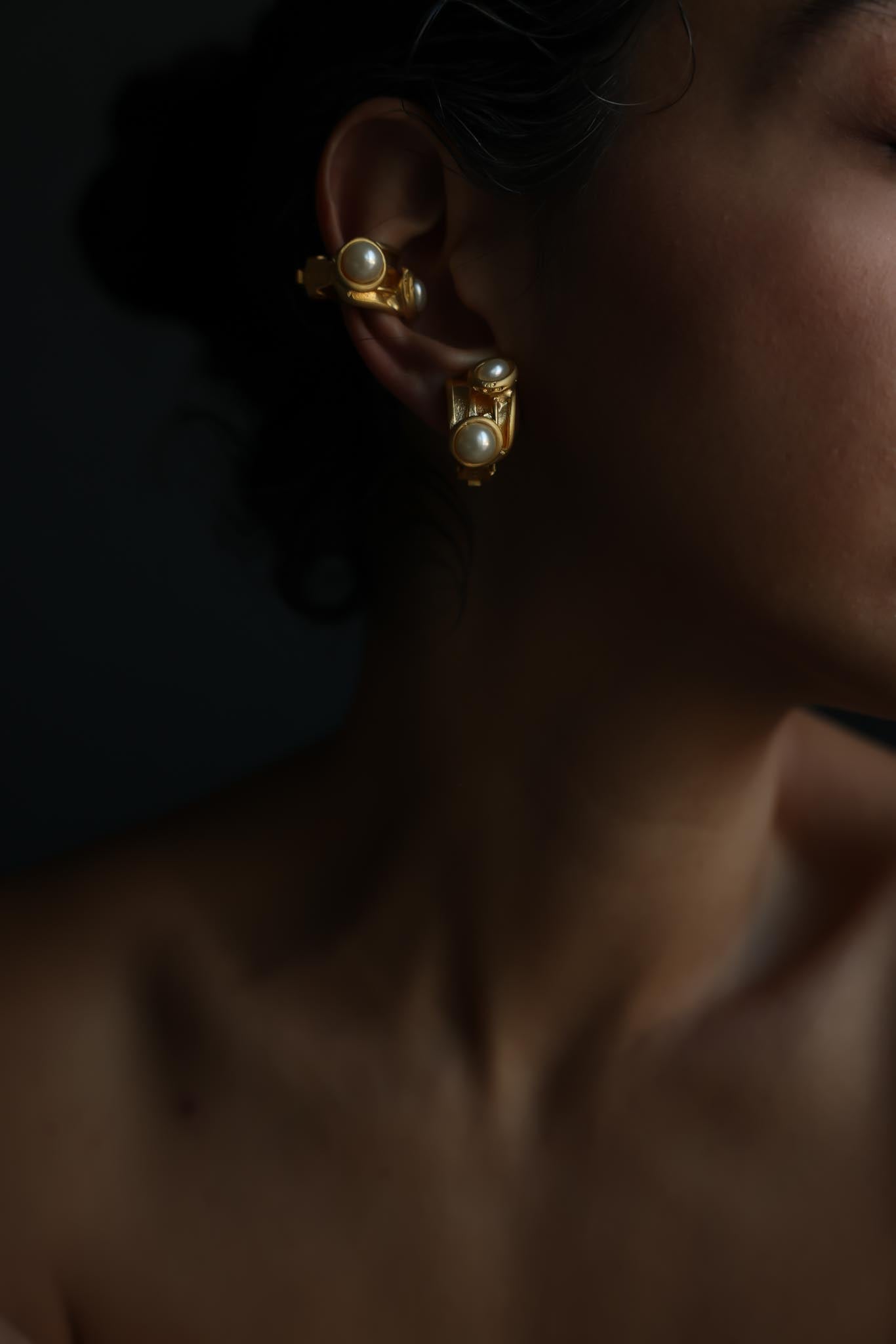 Matte Gold Curved Rectangular Faux Pearl Clip-On Earrings
