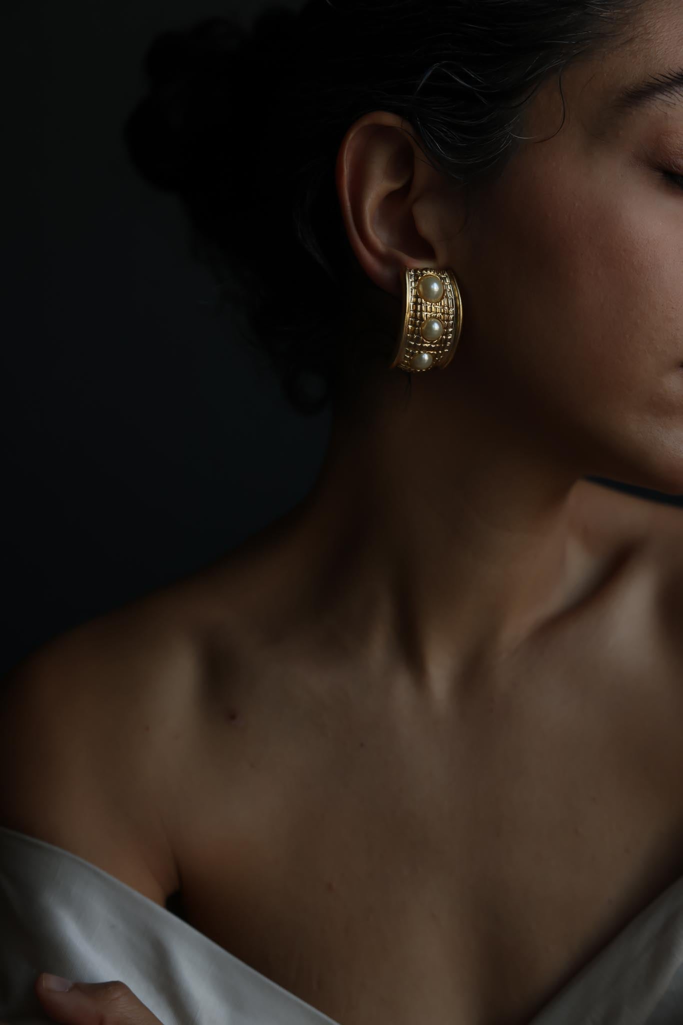 Matte Gold Curved Faux Pearl Statement Clip-On Earrings