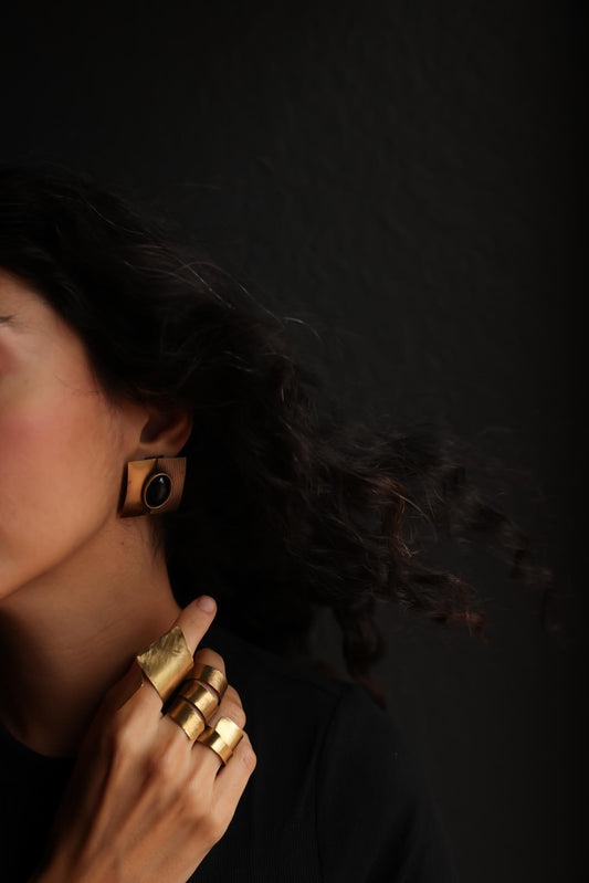 Brass Square Earrings with Black Cabochons
