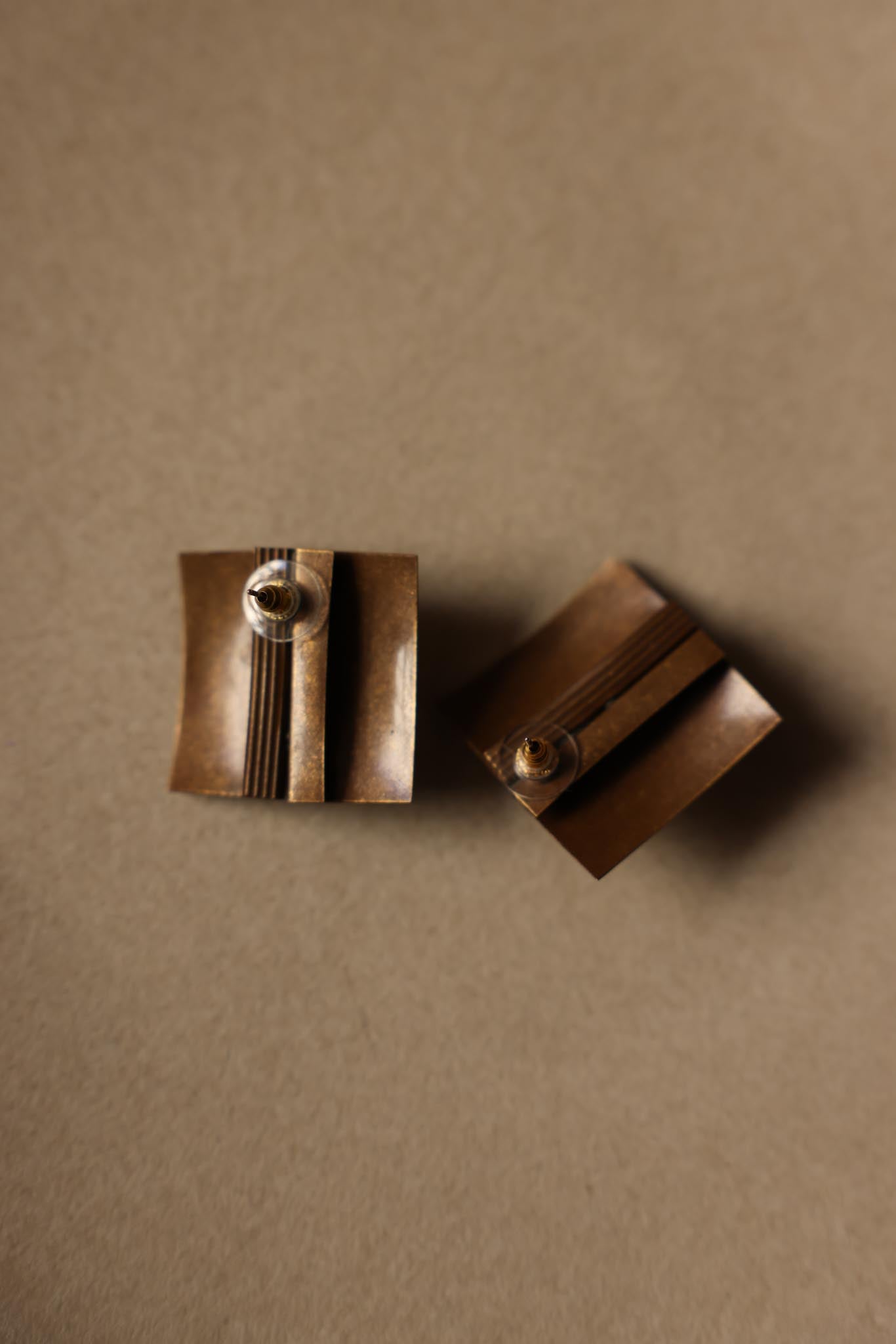 Brass Square Earrings with Black Cabochons