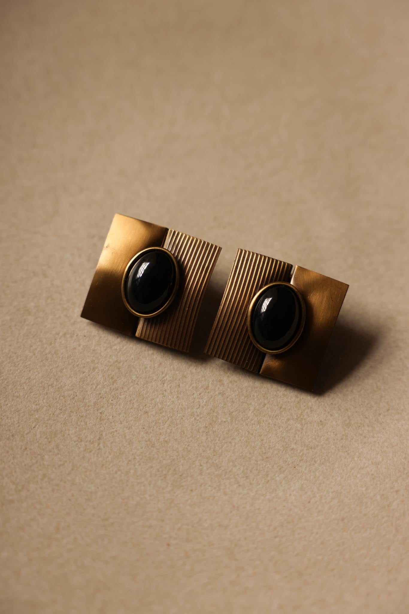 Brass Square Earrings with Black Cabochons